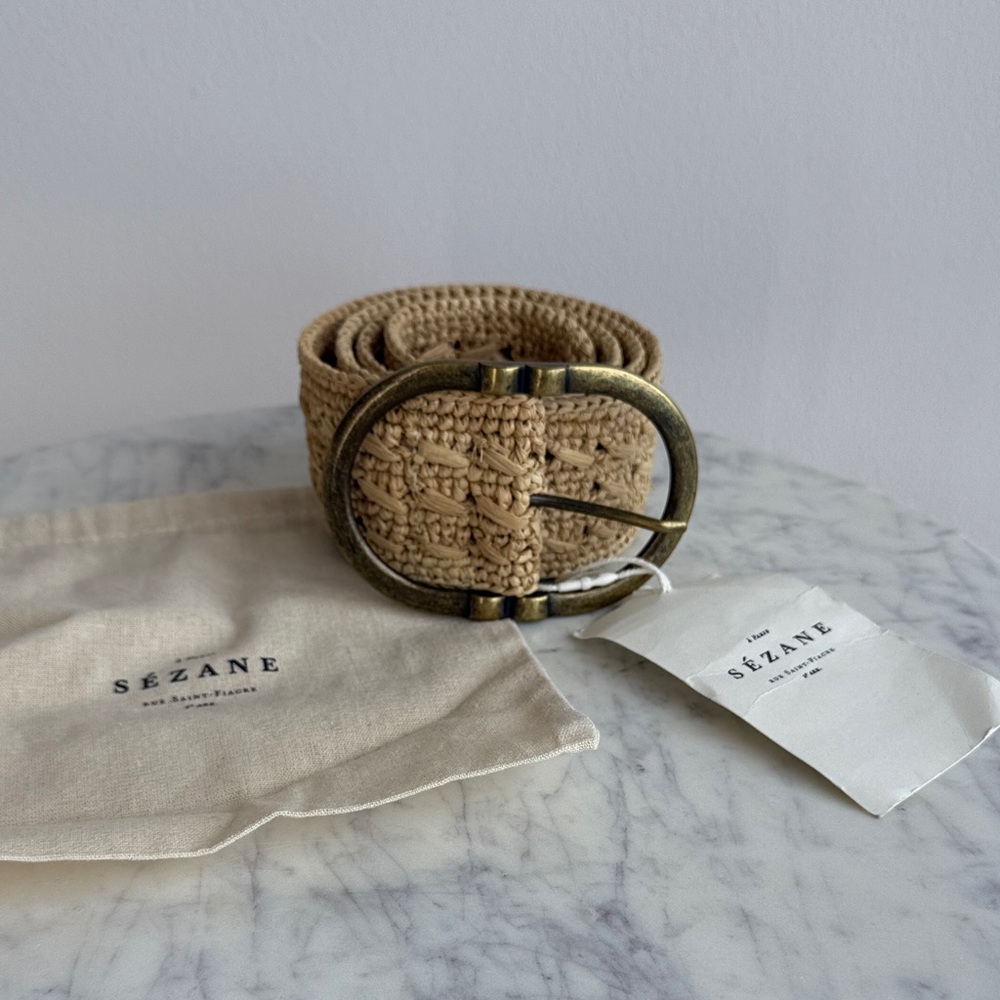 Sezane Ceinture Fetiche Beige Braided Belt with Brass Buckle